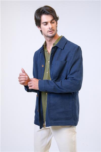Lacivert Regular Fit Gömlek Yaka Keten Ceket