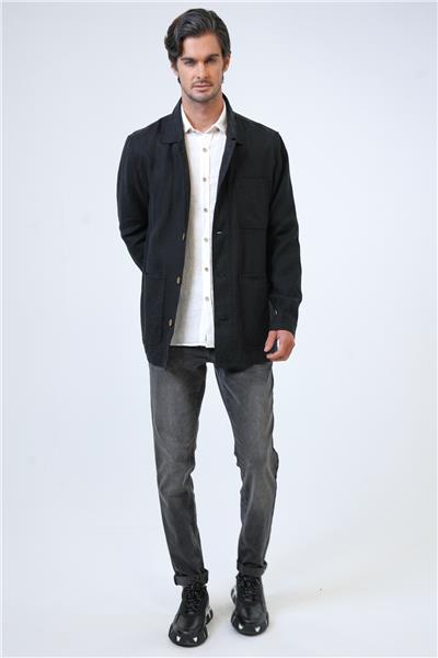 Siyah Regular Fit Gömlek Yaka Keten Ceket