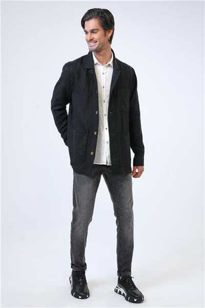 Siyah Regular Fit Gömlek Yaka Keten Ceket