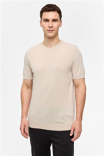 Bej Regular Fit Triko Bisiklet Yaka Tişört