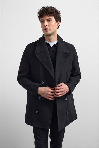 Siyah Regular Fit Kruvaze Kısa Kaban