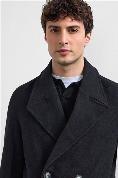 Siyah Regular Fit Kruvaze Kısa Kaban