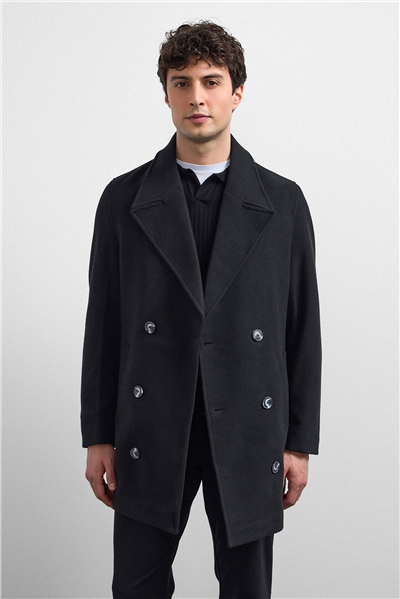 Siyah Regular Fit Kruvaze Kısa Kaban