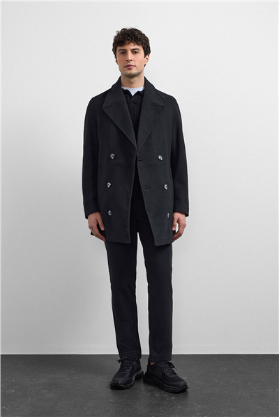 Siyah Regular Fit Kruvaze Kısa Kaban