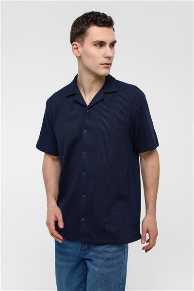 Lacivert Regular Fit Küba Yaka Kısa Kollu Gömlek