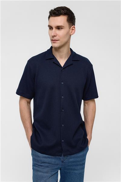 Lacivert Regular Fit Küba Yaka Kısa Kollu Gömlek