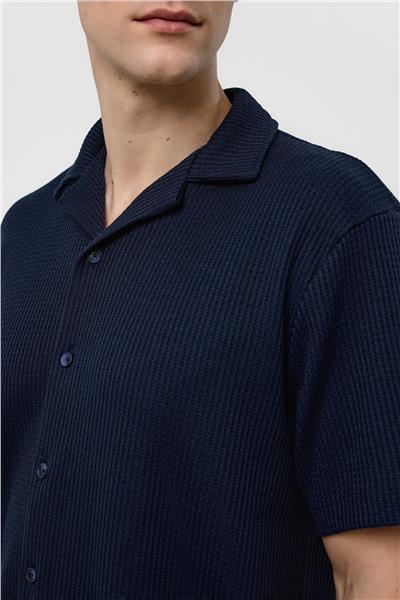 Lacivert Regular Fit Küba Yaka Kısa Kollu Gömlek