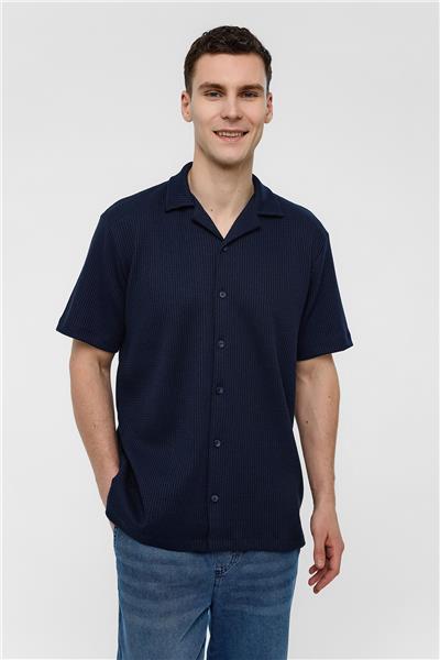 Lacivert Regular Fit Küba Yaka Kısa Kollu Gömlek