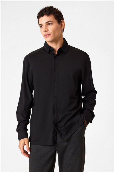 Siyah Regular Fit Küba Yaka Örme Gömlek
