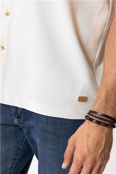Bej Relaxed Fit Küba Yaka Kısa Kollu Gömlek