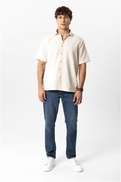 Bej Relaxed Fit Küba Yaka Kısa Kollu Gömlek