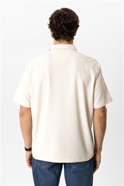 Bej Relaxed Fit Küba Yaka Kısa Kollu Gömlek