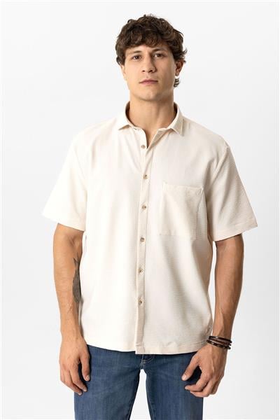 Bej Relaxed Fit Küba Yaka Kısa Kollu Gömlek
