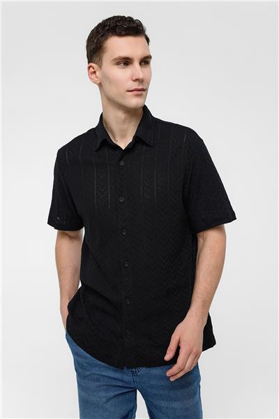 Siyah Regular Fit %100 Pamuk Kısa Kollu Gömlek