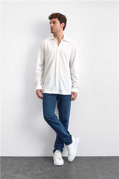 Beyaz Regular Fit Örme Gömlek