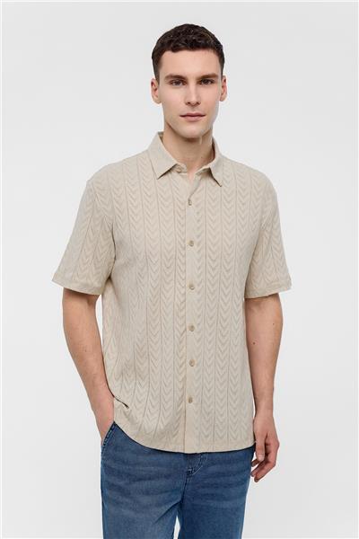Bej Regular Fit %100 Pamuk Kısa Kollu Gömlek