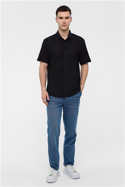 Siyah Regular Fit %100 Pamuk Kısa Kollu Gömlek