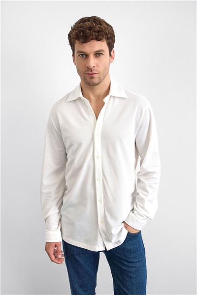 Beyaz Regular Fit Örme Gömlek