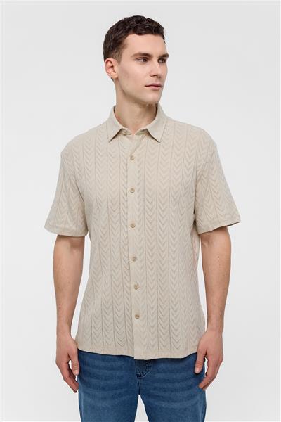 Bej Regular Fit %100 Pamuk Kısa Kollu Gömlek