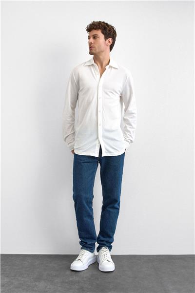 Beyaz Regular Fit Örme Gömlek