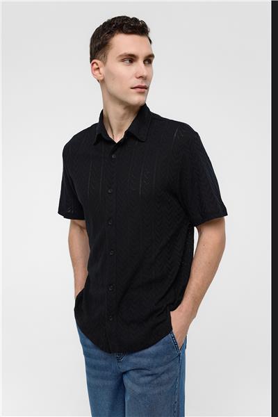 Siyah Regular Fit %100 Pamuk Kısa Kollu Gömlek