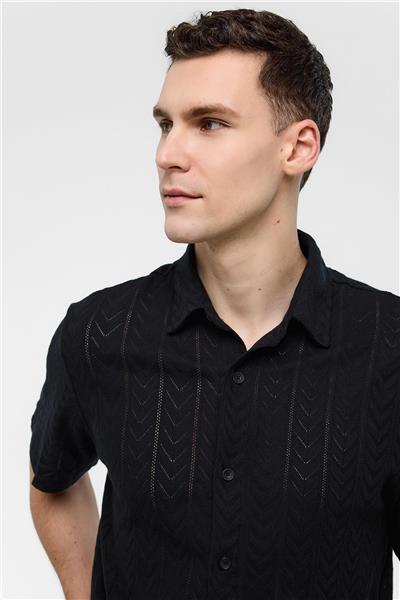 Siyah Regular Fit %100 Pamuk Kısa Kollu Gömlek