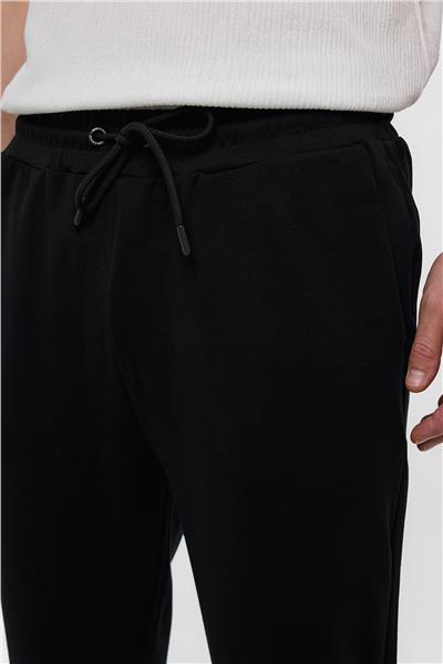 Siyah Regular Fit Beli Bağlamalı Örme Jogger Pantolon