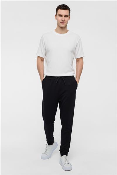 Siyah Regular Fit Beli Bağlamalı Örme Jogger Pantolon