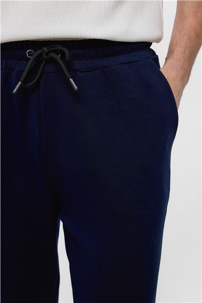 Lacivert Regular Fit Beli Bağlamalı Örme Jogger Pantolon