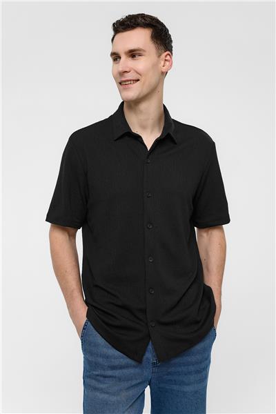 Siyah Regular Fit Örme Kısa Kollu Gömlek