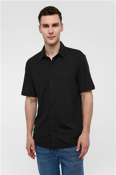 Siyah Regular Fit Örme Kısa Kollu Gömlek