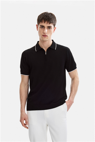 Siyah Fermuarlı Polo Yaka Regular Fit Örme Triko