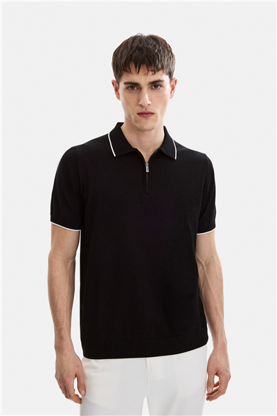 Siyah Fermuarlı Polo Yaka Regular Fit Örme Triko