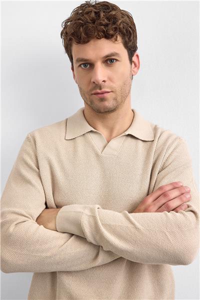 Bej Regular Fit Polo Yaka Triko Kazak