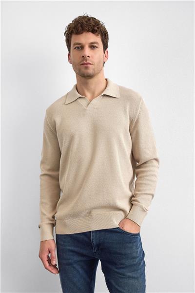 Bej Regular Fit Polo Yaka Triko Kazak