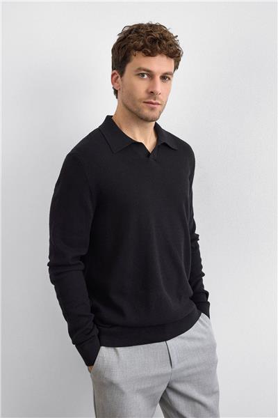Siyah Regular Fit Polo Yaka Triko Kazak