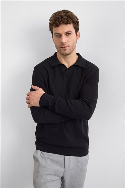 Siyah Regular Fit Polo Yaka Triko Kazak