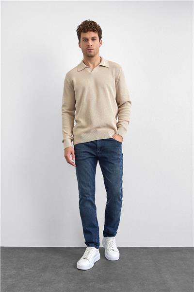 Bej Regular Fit Polo Yaka Triko Kazak