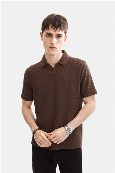 Kahve Regular Fit Örme Polo Yaka Tişört