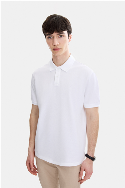 Beyaz Regular Fit Örme Polo Yaka Tişört