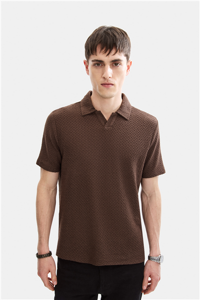 Kahve Regular Fit Örme Polo Yaka Tişört