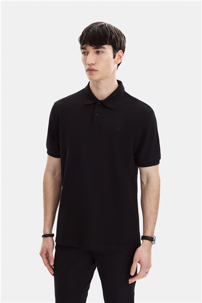 Siyah Regular Fit Örme Polo Yaka Tişört