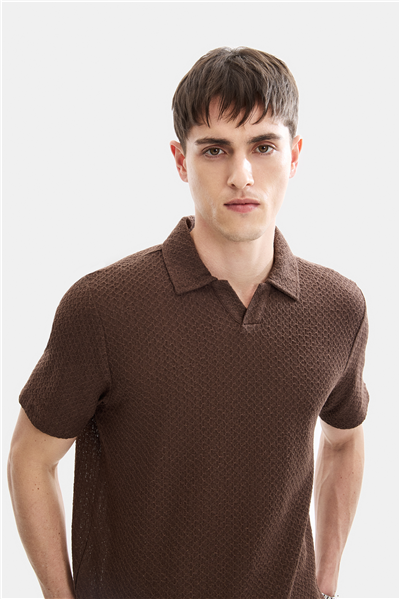 Kahve Regular Fit Örme Polo Yaka Tişört