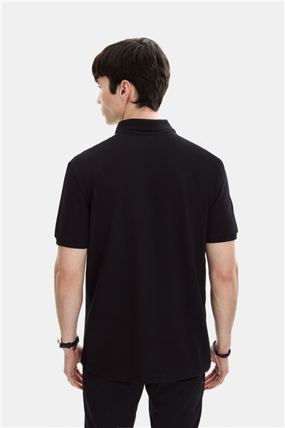 Siyah Regular Fit Örme Polo Yaka Tişört