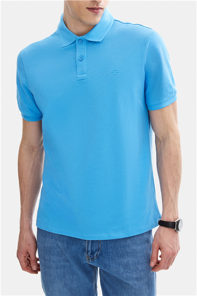 Gök Mavi Regular Fit Örme Polo YakaTişört