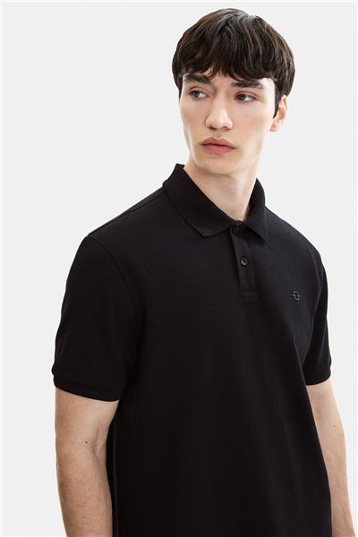 Siyah Regular Fit Örme Polo Yaka Tişört