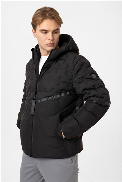 Siyah Regular Fit Kapüşonlu Puffer Mont