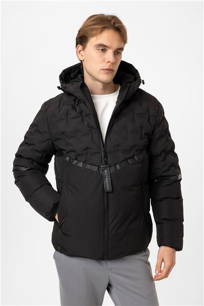 Siyah Regular Fit Kapüşonlu Puffer Mont