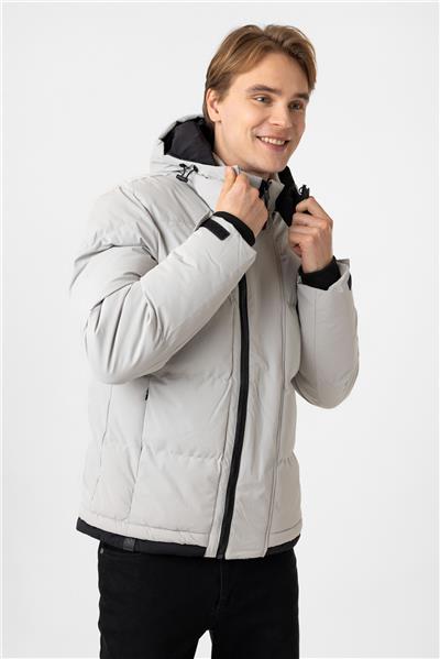 Açık Gri Regular Fit Kapüşonlu Puffer Mont
