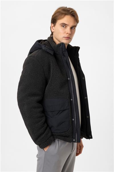 Antrasit Regular Fit Dolgulu Kapüşonlu Peluş Mont